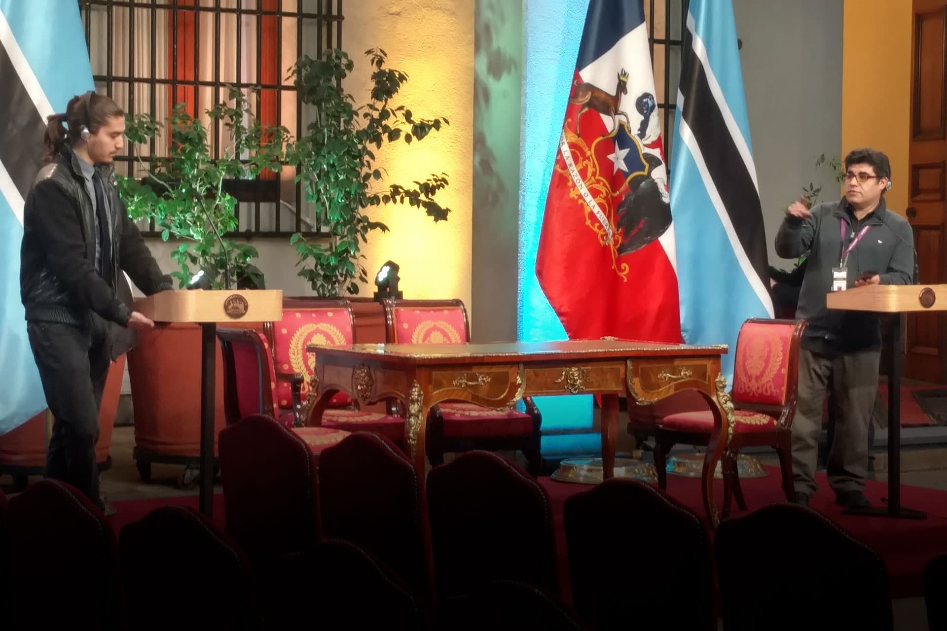 Speech Global's audio engineers test equipment for the visit of the Botswana delegation to the La Moneda Palace, Chile.